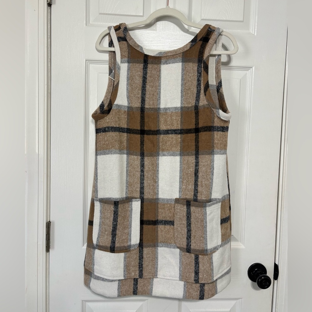 Khaki Plaid Overall Dress Round Neck A Line Jumper with Pockets- S